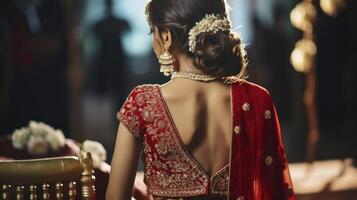 ai generado el etéreo transformación de un hindú novia en su rojo lehenga en el Mañana de su nupcias foto