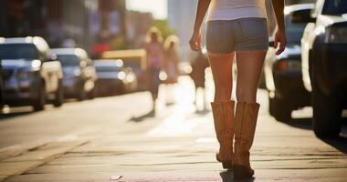 ai generado un muchachas viaje en vaquero botas mediante el corazón de céntrico en inferior Broadway foto