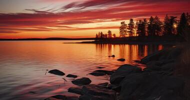 ai generado el espectacular ver de un carmesí puesta de sol terminado calma aguas foto