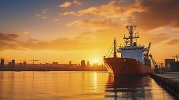 ai generado Dom es yendo abajo en contra hermosa cielo a el muelle con amarradero buque. carga Embarcacion en el puerto a comercial Puerto a puesta de sol hora foto