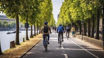 AI generated A Group of Cyclists Experience the Charm of Riding Along the Riverside Bike Path photo