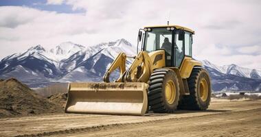 AI generated Front View of a Yellow Bulldozer, Dominating the Road with Snowy Mountains and Overcast Sky as a Backdrop photo