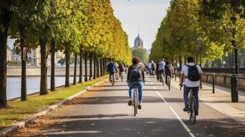 AI generated Bikers Enjoying the Beauty of the Riverfront on a Dedicated Bike Path photo