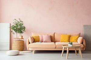 AI Generated Boho-chic living room exudes warmth with a peach fuzz color palette, blending trendy decor photo