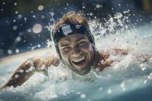 ai generado un hombre en un nadando piscina con su cabeza arriba foto