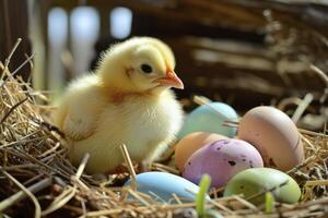 ai generado un linda amarillo polluelo se sienta cómodamente en un nido rodeado por Pascua de Resurrección huevos, encarnando el esencia de el alegre día festivo. foto