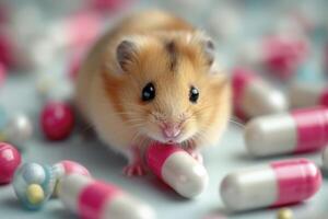 AI generated a hamster is sitting on top of a pile of pills photo