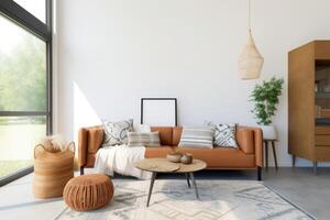 AI Generated Boho-chic living room exudes warmth with a peach fuzz color palette, blending trendy decor and stylish furniture photo