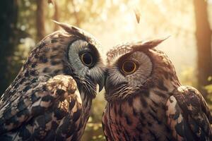 AI generated Wildlife couple owls kissing. Generate ai photo