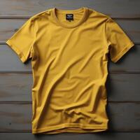 AI Generated A vibrant yellow t-shirt mockup with a basic design and blank space, perfect for showcasing your creative ideas. photo