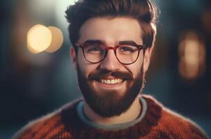 ai generado sonriente barbado hermoso hombre en suéter retrato. generar ai foto