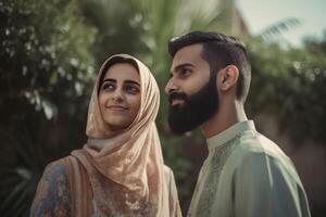 AI generated Happy young Saudi couple in green garden. Generate ai photo