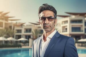 AI generated Confident real estate man on villa building. Generate ai photo