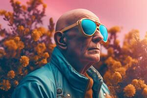 ai generado retro futurista moderno calvo antiguo masculino con Moda Gafas de sol. generar ai foto