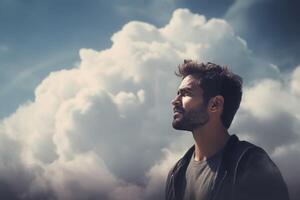 AI generated Guy looking away on white fluffy clouds background. Generate ai photo