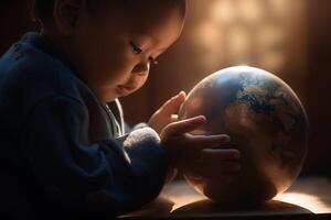 AI generated Heartwarming scene child hands planet. Generate AI photo