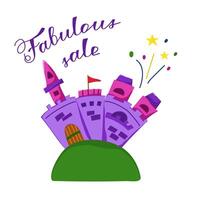 Color vector illustration of a fabulous sale. Image of a fairy tale castle.