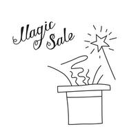 Vector illustration of a magic sale in doodle style. Image of a magician's hat with a magic wand.