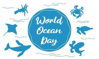 Vector with the image of whales and other inhabitants of the seas and oceans. Banner of the World Marine Mammal Protection Day.