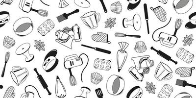 Seamless image of confectionery items in doodle style. Horizontal banner of attributes for cooking sweets. Vector cover of mixer, sieve, cake mold and spatula.