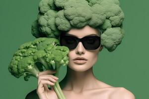 AI generated Fashion woman brunch broccoli head and black sunglasses. Generate Ai photo