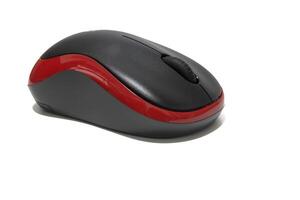 Wireless black and red computer mouse isolated on white background. Clipping path included. photo