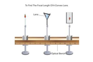 To Find the focal length of a convex lens. Physics practical illustration. vector