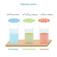 Different dispersion system, true and colloidal solution and suspension based on the size of solute molecules. Surface chemistry illustration. vector