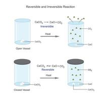 Reversible reactions can go back and forth, reaching equilibrium. Irreversible reactions proceed in one direction, forming products without reverting.Chemical equilibrium vector