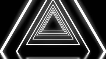 Beautiful abstract monochrom triangle tunnel coming closer. Flying through glowing neon triangle tunnel on black background. video