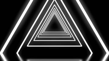 Beautiful abstract monochrom triangle tunnel coming closer. Flying through glowing neon triangle tunnel on black background. video