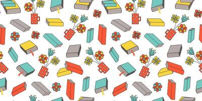 Pattern. Stacked books, mug with flowers. Love of reading and learning concepts. vector