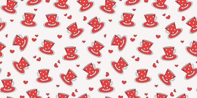 Pattern Cup of coffee, tea. Hearts, Valentine's Day. Drinks, dishes. Doodle style. Vector graphics. Seamless background.