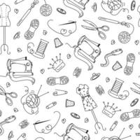 Pattern set of elements for sewing. Hobby, handmade. Sewing machine, threads, needles, mannequin, scissors. Seamless vector background, doodles.