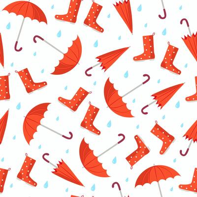 Set umbrellas, shoes, rubber boots. The pattern seamless. Bright umbrella and raindrops. Rain season. Rainy weather. Flat style. Vector background.