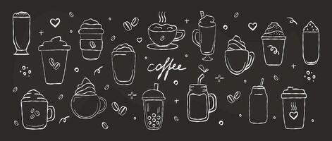 Line art set of different types coffee beverage. Doodle vector illustrations isolated on chalk board background. Espresso, americano, cappuccino, latte.