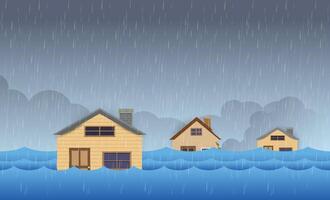 Flood natural disaster with house, heavy rain and storm , damage with home, clouds and rain, flooding water in city. vector