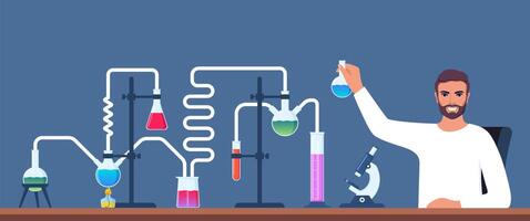 Scientist in chemistry laboratory working on research and exploration. Flasks, vials, test tubes with substance. Lab research, testing, studies in chemistry. Vector illustration.