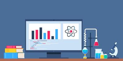 Chemist's workplace with a computer, books, and laboratory equipment. Research and exploration. Computer, lab glassware with substance. Research, testing, studies in chemistry. Vector illustration.