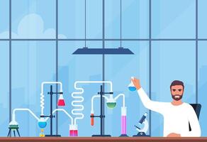 Scientist in chemistry laboratory working on research and exploration. Flasks, vials, test tubes with substance. Lab research, testing, studies in chemistry. Vector illustration.