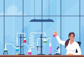 Scientist in chemistry laboratory working on research and exploration. Flasks, vials, test tubes with substance. Lab research, testing, studies in chemistry. Vector illustration.