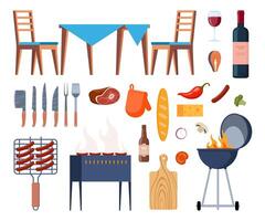 Barbecue equipment, outdoor BBQ picnic elements. Grilled sausages, meat, vegetables, drinks, and food for the summer grill party. Cooking tools and meat. Vector illustration.