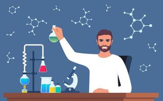 Scientist in chemistry laboratory working on research and exploration. Flasks, vials, test tubes with substance. Lab research, testing, studies in chemistry. Vector illustration.