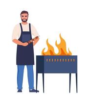 Man cooking barbecue grill. Barbecue scene. Smiling man holds kebabs. Fry meat on fire. Vector illustration.