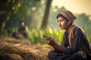 AI generated Bangladeshi student with smartphone in green field. Generate ai photo