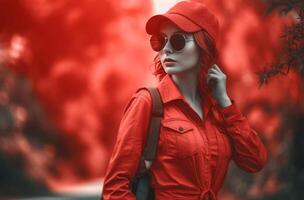 ai generado sumamente elegante mujer con Gafas de sol vistiendo vívido rojo atuendo. generar ai foto