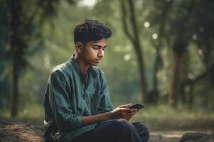 AI generated Bangladeshi student with digital device in forest. Generate ai photo