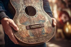 ai generado hermosa antiguo guitarra manos. generar ai foto