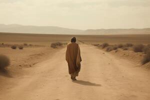 ai generado Israel Jesús camina abajo Desierto la carretera. generar ai foto