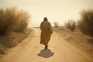 ai generado Israel Jesús caminando a lo largo Desierto ruta. generar ai foto